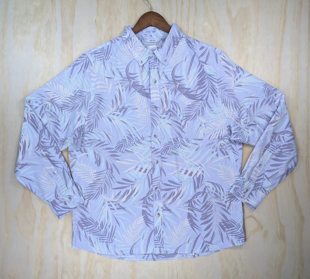 Coolibar Men's Large Aricia UPF 50+ Sun Shirt Purple Palm Leaf LS Button Down